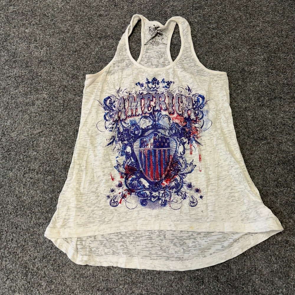 Rocker Star Tank Top Womens Size S White Burnout America Graphic Racerback Stain